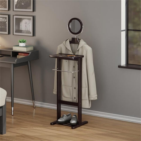 Oakestry Carson Valet Stand Brown Finish Featuring Wooden Suit Hanger Tray Shelf for Watches Rings Wallets Round Adjustable Grooming Mirror Slatted Shoe Platform Lower Base