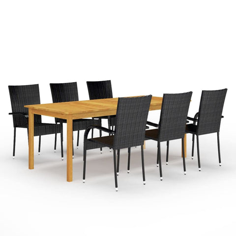 vidaXL Patio Dining Set 7 Piece, Outdoor Dining Table Set with Wood Tabletop, Rattan Chairs with Armrests, Conversation Set for Garden, Farmhouse, Black