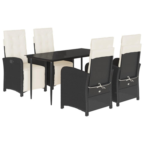 vidaXL 5-Piece Poly Rattan Patio Dining Set - Black Outdoor Furniture with Adjustable Recliner Chairs, Cream White Cushions, Glass Tabletop