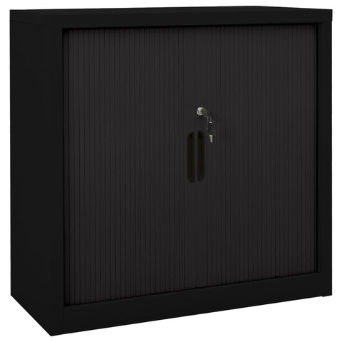 vidaXL Modern Sliding Door Cabinet - Black Steel Storage with Secure Lock and Adjustable Shelves - 35.4"x15.7"x35.4"