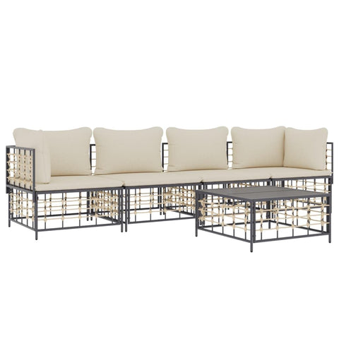 vidaXL 3 Piece Patio Lounge Set - Outdoor Poly Rattan with Cushions, Anthracite and Beige Colour, Modular Design, Steel Frame