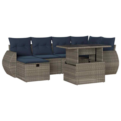vidaXL Patio Sofa Set with Cushions 7 Piece, Lounge Set with Table and Garden Stool, Sectional Sofa for Terrace Backyard, Modern, Gray Poly Rattan