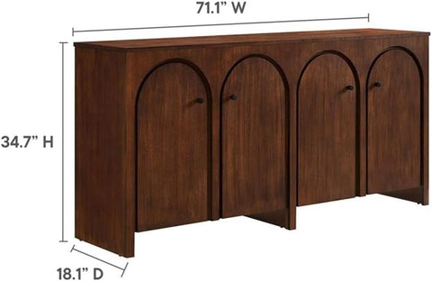 Modway Appia 71 Inch 4 Door Storage Cabinet in Walnut Wood Veneer - Arched Door Accent Credenza -Modern Sideboard - Adjustable Shelf Buffet - Mid-Century Storage Furniture - Console TV Stand