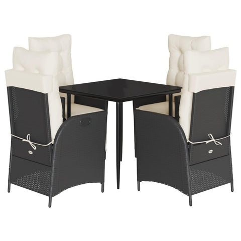 vidaXL 5 Piece Patio Dining Set - Black Poly Rattan/Cushions/Tempered Glass Tabletop/Adjustable Recliner