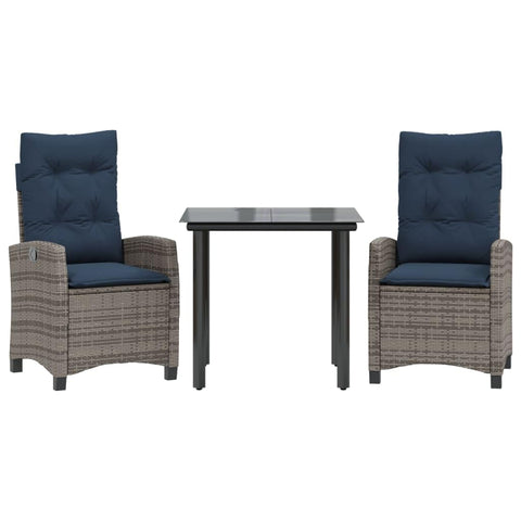 vidaXL 3pc Gray Poly Rattan Patio Dining Set with Adjustable Chairs & Tempered Glass Tabletop - Comfortable Navy Blue Cushions