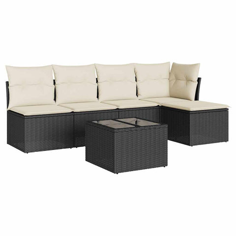 vidaXL Patio Sofa Set with Cushions 6 Piece, Patio Furniture with Glass Table, Outdoor Conversation Set, Modern Style, Black Poly Rattan
