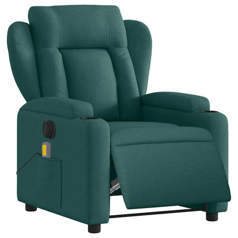 vidaXL Electric Massage Recliner Chair in Dark Green - Adjustable Armchair with Cup Holders, USB-Powered Vibration, Plush Fabric, Wood/Metal Frame for Living Room or Office