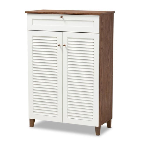 Baxton Studio Coolidge White and Walnut 5-Shelf Wood Shoe Cabinet with Drawer