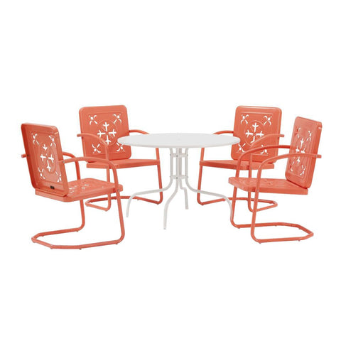 Crosley Furniture Azalea 5-Piece Vintage Outdoor Dining Set for 4, Retro Metal Round Patio Table and Chairs, Coral Gloss/White Satin