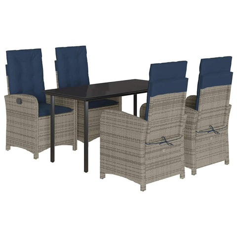 vidaXL 5-Piece Outdoor Dining Set with Adjustable Gray Poly Rattan Chairs and Tempered Glass Table - Navy Cushions