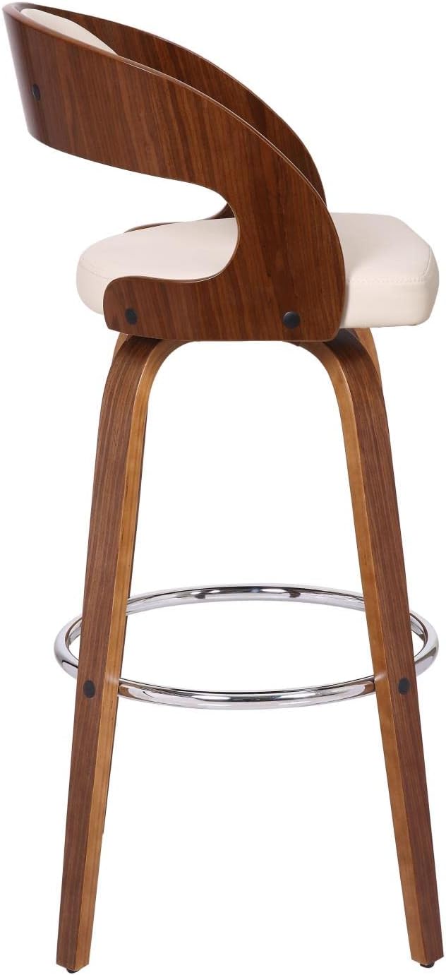 Armen Living Shelly Contemporary 30" Bar Height Swivel Barstool in Walnut Wood Finish and Cream Faux Leather