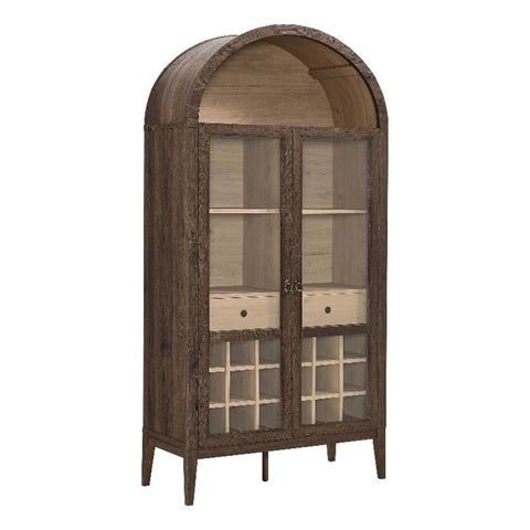 Modway Nolan Modern Farmhouse Arched Bar Cabinet in Dark Walnut Wood Grain - 72 Inch Tall Wine Storage Cabinet with Glass Doors and Wine Rack - Large Liquor Cabinet for Dining or Living Room