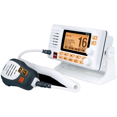 Uniden UM725 Marine VHF Radio, All USA, Canada, and Int'l. Marine Channels, 1Watt/25Watt Transmit Power, Largest LCD Screen in Class, NOAA Weather Channels w/Alerts, Speaker Mic, IPX8 Waterproof.
