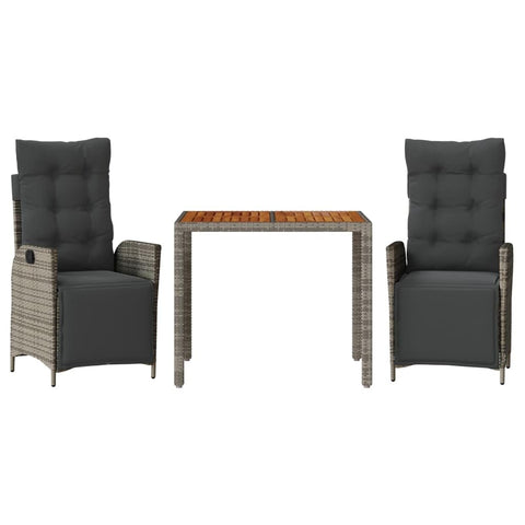 vidaXL 3 Piece Patio Dining Set with Cushions - Gray Poly Rattan | Reclining Chairs, Adjustable Footrests, Acacia Wood Tabletop