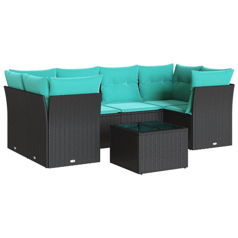 vidaXL Patio Sofa Set with Cushions 7 Piece, Sectional Sofa with Glass Table, Outdoor Conversation Set, Modern Style, Black Poly Rattan