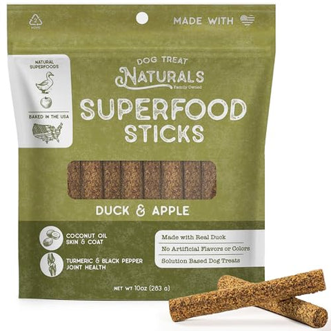 Dog Treat Naturals Duck & Apple Superfood Sticks for Dogs | All-Natural Premium Training Dog Treats | Contains Turmeric for Joint Health | Made with Real Duck & Apple | Made in USA | 10 Ounces