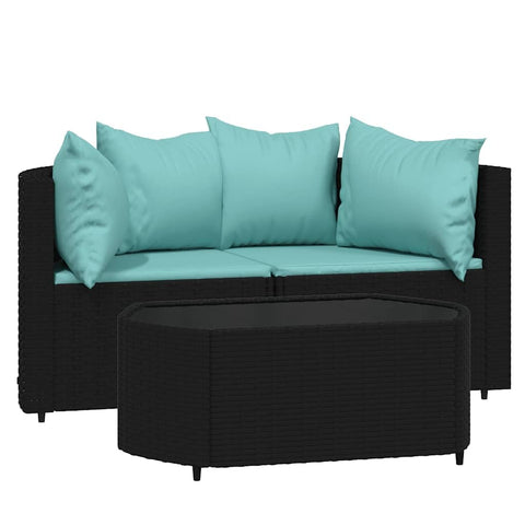 vidaXL 3 Piece Black PE Rattan Patio Lounge Set with Blue Cushions - Weather Outdoor Furniture Set with Tempered Glass Table and Comfy Backrest for Garden Relaxation and Dining