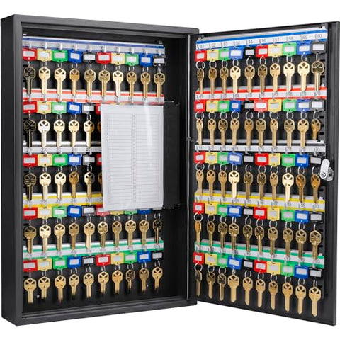 Barska 100-Position Key Lock Box – Solid Steel Key Cabinet with Adjustable Numbered Hooks, Key Log Sheet, Color Tags & Index Chart – Wall-Mount Organizer, Black Finish