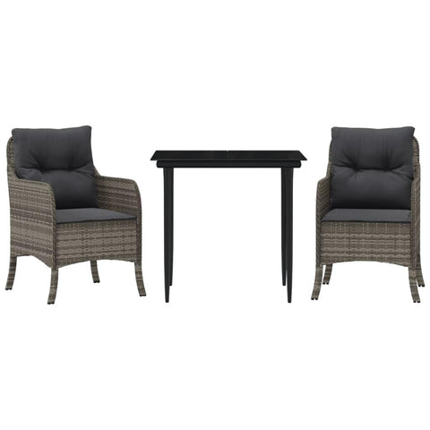 vidaXL 3 Piece Patio Dining Set - Cushions - Gray - Poly Rattan - UV-Resistant - Glass Tabletop - Removable Covers - Garden/Backyard/Patio Furniture