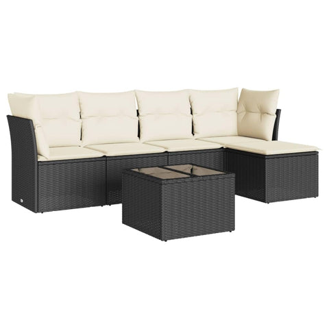 vidaXL Patio Sofa Set with Cushions 6 Piece, Sectional Sofa with Glass Table, Outdoor Conversation Set, Modern Style, Black Poly Rattan
