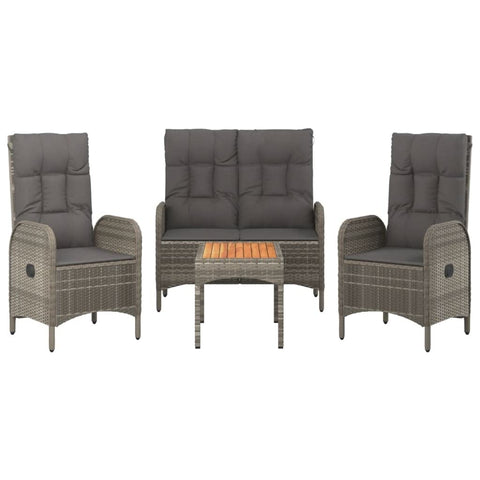 vidaXL 4-Piece Outdoor Patio Dining Set with Cushions - Modern Design Gray Poly Rattan Lounge Set with Reclining Chairs and Acacia Wood Tabletop