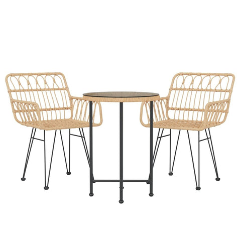 vidaXL Modern Patio Dining Set, 3 Pieces - Brown Poly Rattan Outdoor Furniture with Tempered Glass Table Top, Steel Frame and Comfortable Seating