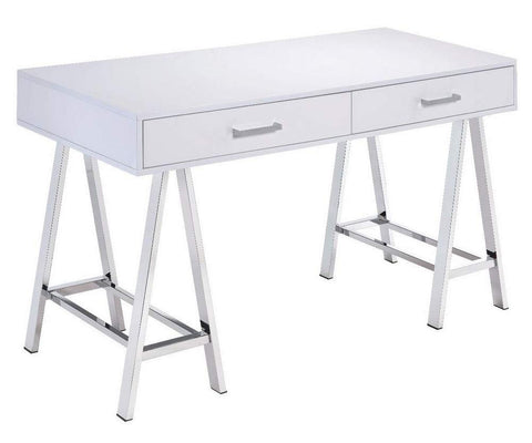 Acme Furniture Coleen Built-in USB Port Writing Desk in White High Gloss & Chrome Finish