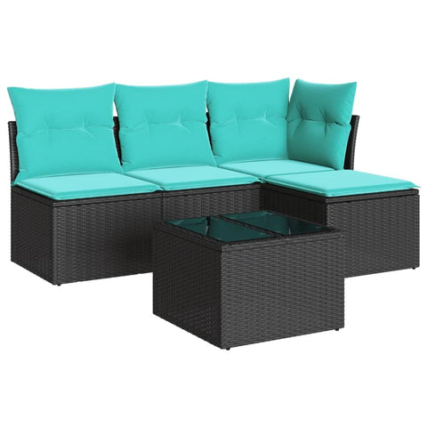 vidaXL Patio Sofa Set with Cushions 5 Piece, Sectional Sofa with Glass Table, Outdoor Conversation Set, Modern Style, Black Poly Rattan