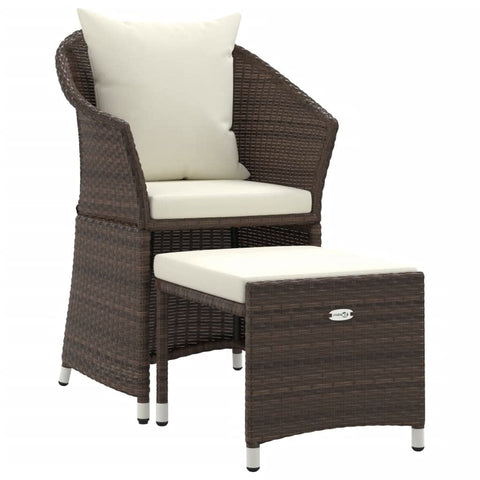 vidaXL 2-Piece Outdoor Lounge Set with Stool and Cushions, Brown Poly Rattan and Steel Patio Furniture, Comfortable Armchair with Removable Cushions and Versatile Stool
