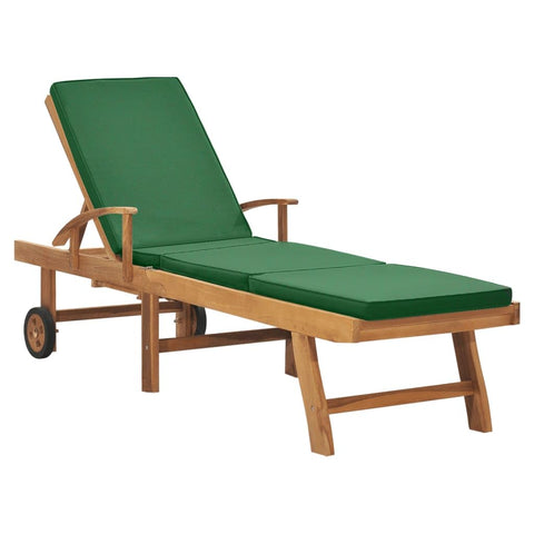 vidaXL Outdoor Sun Lounger with Adjustable Backrest & Footrest, Cushioned Seat - Solid Teak Wood Design, Weather Resistant - Ideal for Garden, Patio, Pool Deck - Green