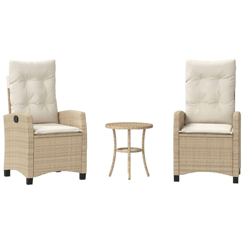 vidaXL 3-Piece Bistro Set - Beige PE Rattan with Cushions, Adjustable Reclining Chairs, Round Table for Patio, Garden, Balcony