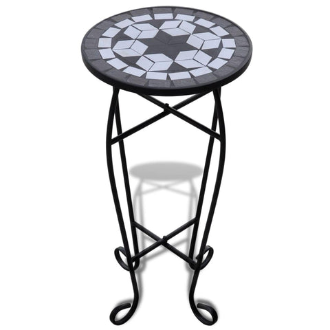 vidaXL Black and White Mosaic Side Plant Table - Weatherproof Ceramic Tabletop with Sturdy Iron Frame - Elegant Garden, Balcony, Terrace Decor