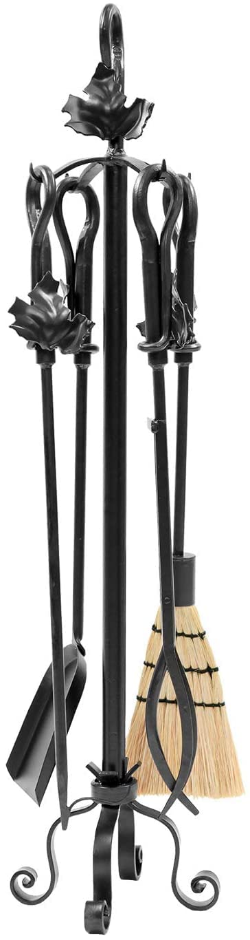 Oakestry Maple Leaf 5-Piece Wrought Iron Fireplace Tool Set, Graphite