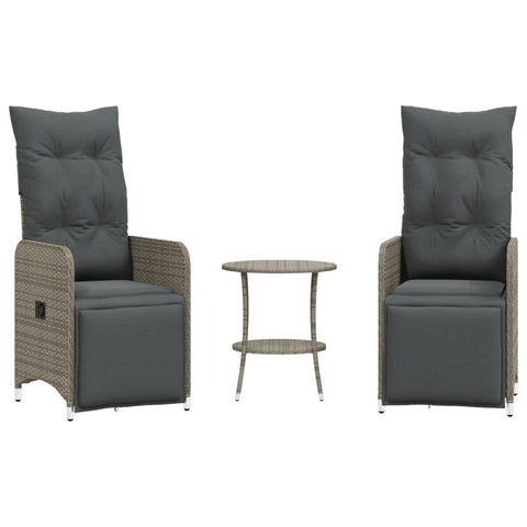 vidaXL Reclining Garden Chairs Set 2 with Table Gray Poly Rattan Outdoor Lounge Seating Adjustable Cushions for Patio Balcony Sunroom Chair Reclinable Comfortable Furniture Recliner Modern