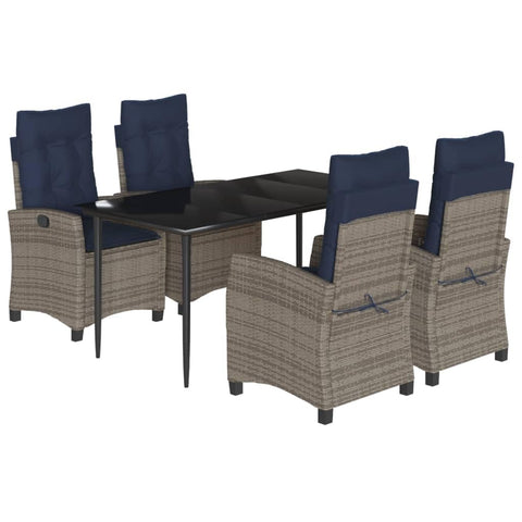 vidaXL 5-Piece Patio Dining Set with Adjustable Reclining Chairs - Poly Rattan, Tempered Glass Table, Navy Blue Cushions