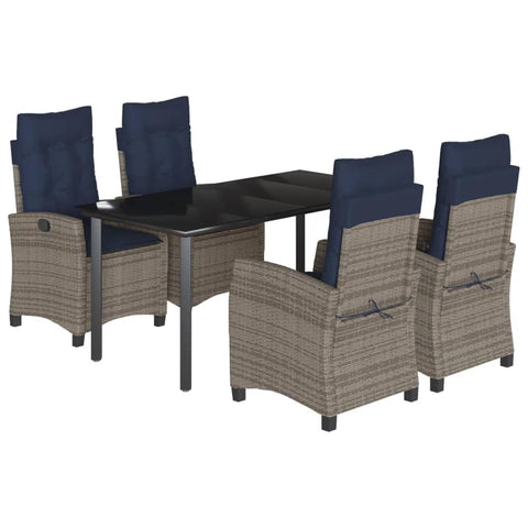 vidaXL 5-Piece Patio Dining Set - Gray Poly Rattan with Adjustable Reclining Chairs, Tempered Glass Tabletop, Navy Blue Cushions