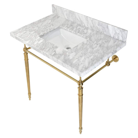 Kingston Brass KVPB3622M8SQ7 Edwardian 36" Console Sink with Brass Legs (8-Inch, 3 Hole), Marble White/Brushed Brass
