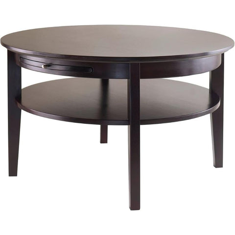 Oakestry Amelia Round Coffee Table Dark Espresso Solid Wood Frame with Pull Out Tray and Lower Shelf Elegant Living Room Centerpiece Functional Accent Furniture Rich Espresso Finish