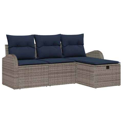 vidaXL Sofa Set with Cushion Manual 4 pcs Grey and Navy Poly Rattan, Chill in Style, Modern Outdoor Sofa Set with Storage, Light Rattan, Durable & UV-Proof for Your Garden or Terrace