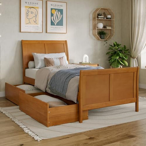 Portland Twin XL Platform Bed with Matching Footboard & Storage Drawers in Light Toffee