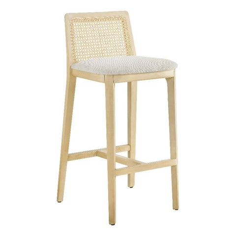 Modway Monarch Wood Bar Stool with Cane Rattan Back and Padded Seat in Antique White Natural Heathered Weave Ivory