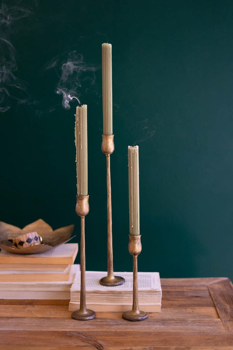 Set of 3 Antique Brass Finish Metal Taper Candle Holders