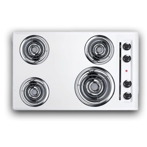 Summit 30" 4 Burner Electric Cooktop. 230 Volt Coil Electric Cooktop, White- WEL05