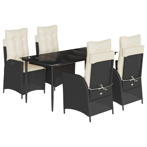 vidaXL 5 Piece Patio Dining Set Black Poly Rattan â€“ Cushions Included, Adjustable Reclining Chairs, Tempered Glass Table â€“ Outdoor/Garden Furniture