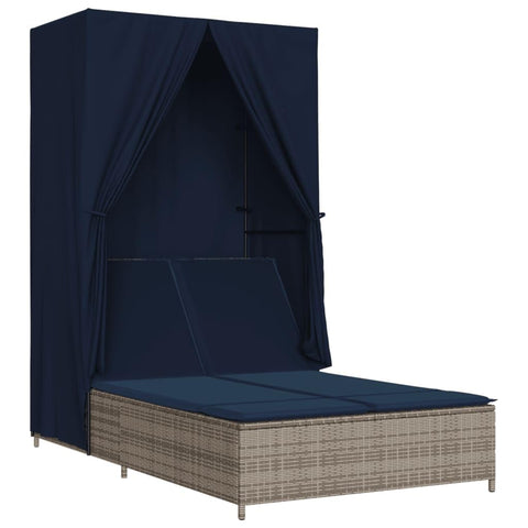 vidaXL Double Sun Lounger with Roof and Curtains, Daybed for Outdoor Garden Patio, Sunbed, Chaise Lounge Chair, Modern Style, Gray Poly Rattan