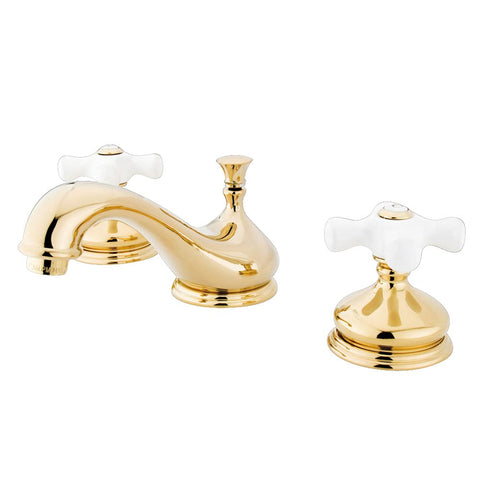 Kingston Brass KS1162PX Heritage Widespread Lavatory Faucet with Porcelain Cross Handle, Polished Brass,8-Inch Adjustable Center