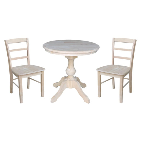 International Concepts 30" Round Top Pedestal Table - With 2 Madrid Chairs, Unfinished