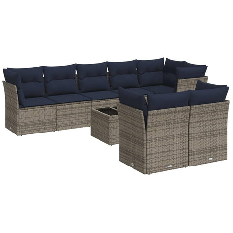 vidaXL Patio Sofa Set with Cushions 9 Piece, Sectional Sofa with Glass Table, Outdoor Conversation Set, Modern Style, Gray Poly Rattan