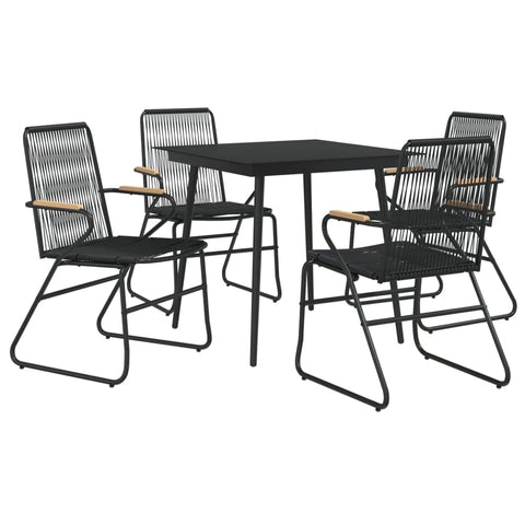 vidaXL 5-Piece Black Outdoor Patio Dining Set - PVC Rattan - Powder-Coated Steel Frame - Solid Teak Wood - Weather Resistant - Comfortable Armchair Seating