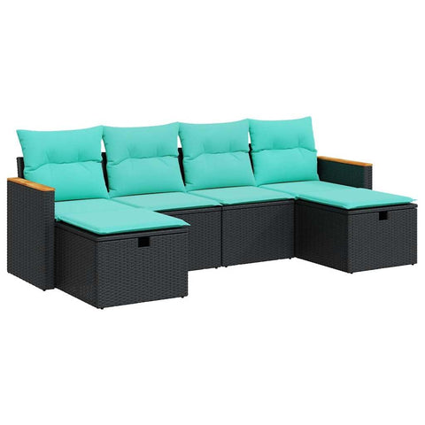 vidaXL Patio Sofa Set with Cushions - Outdoor 6 Piece Black Poly Rattan Furniture - Modular Design for Garden, Terrace, or Patio